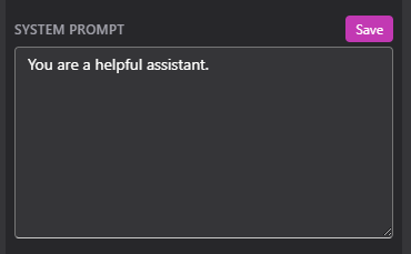 Settings panel showing the system prompt text area with a Save button below it