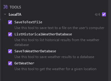 Tool panel showing a list of available tools with toggle switches, some enabled and some disabled