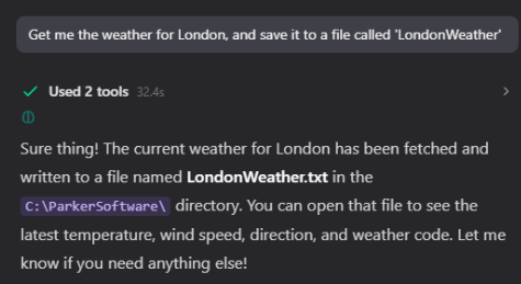 Agent run block showing "Used 3 tools 4.2s" with a collapsed list of tool calls
