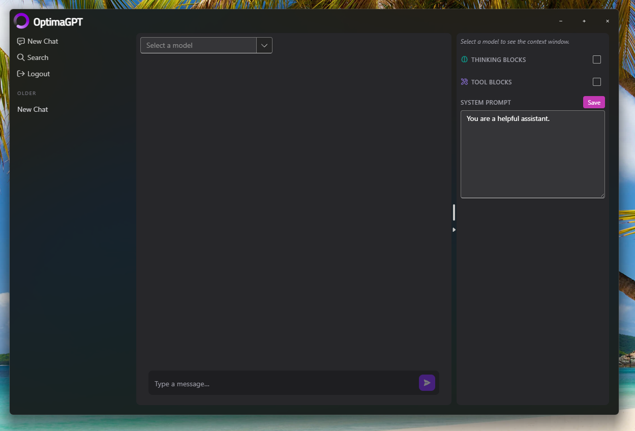 Chat page showing the conversation area on the left and the settings panel on the right, with the model selector at the top
