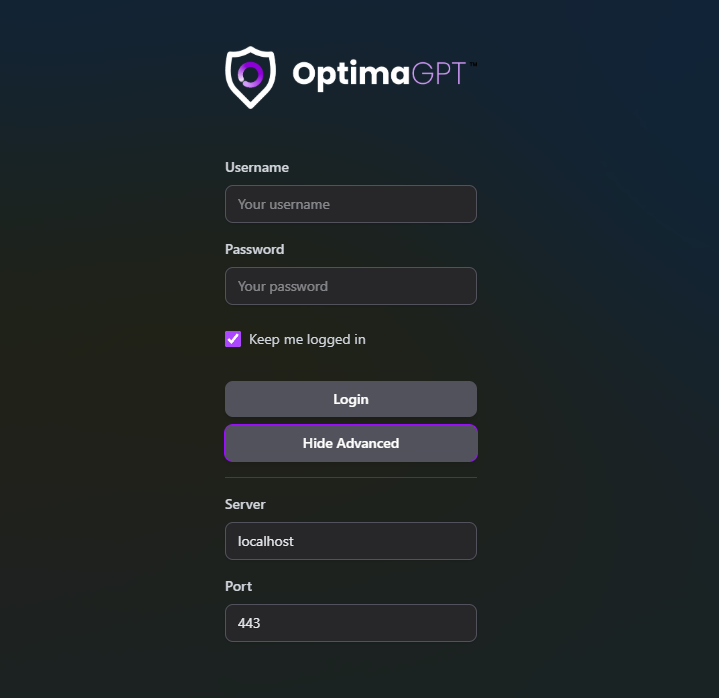 OptimaChatApp first-time setup screen prompting for the Gateway address