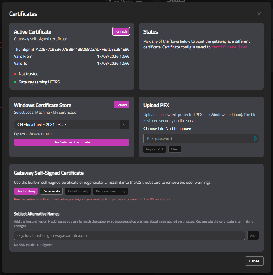 Certificate management dialog or selector