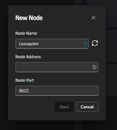 New Node popup showing fields for Node Name, Node Address, and Node Port