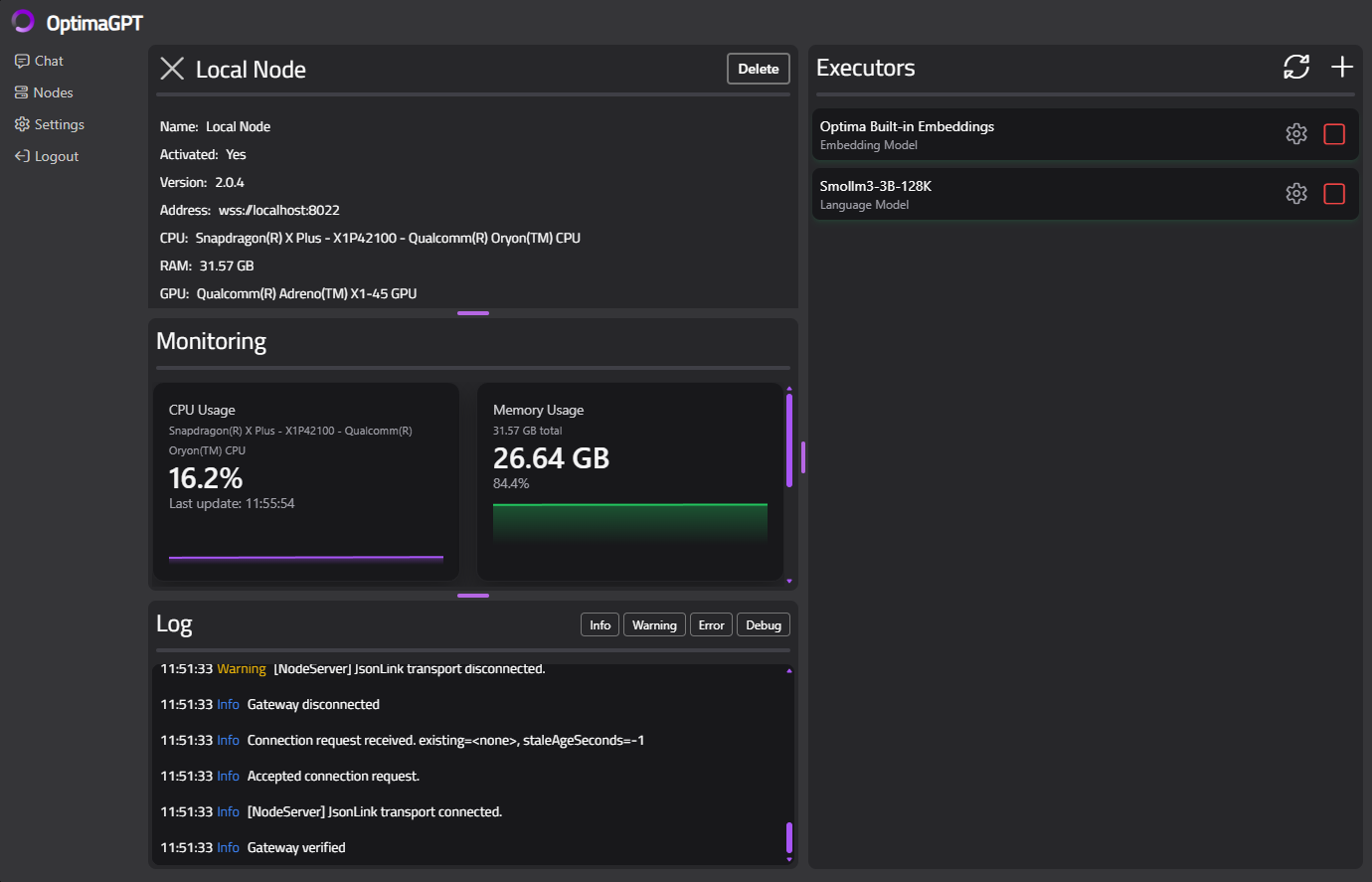 Selected node detail view showing node info panel, monitoring panel, log panel, and executors panel