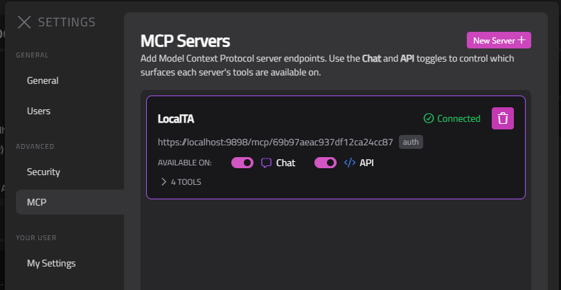 Settings panel open on the MCP Servers section, showing a list of configured servers with their connection status, Chat/API toggles, and tool list