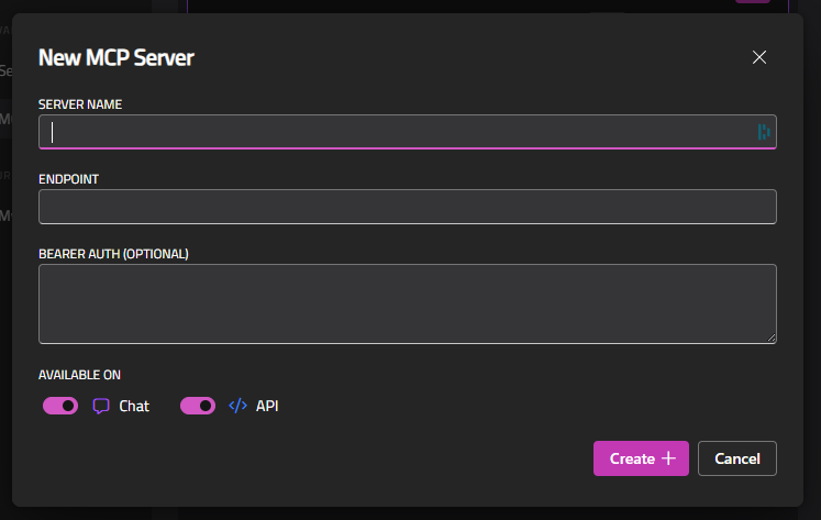 New MCP server form showing fields for server name, endpoint URL, and optional bearer token