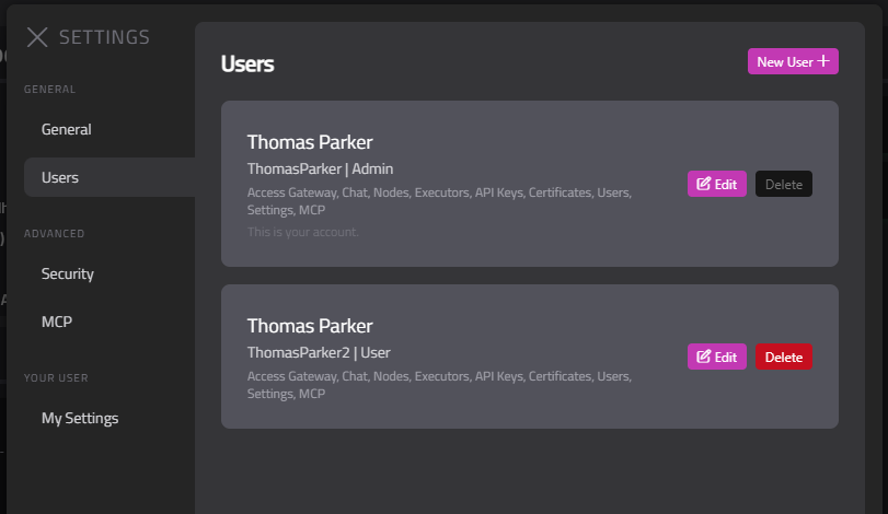 Settings panel open on the Users section, showing a list of user accounts with Edit and Delete buttons
