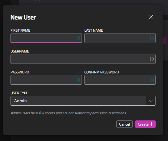 New user form showing fields for first name, last name, username, and password