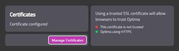 Configuration page showing the Gateway Certificate section with a Select Certificate button and the currently active certificate name