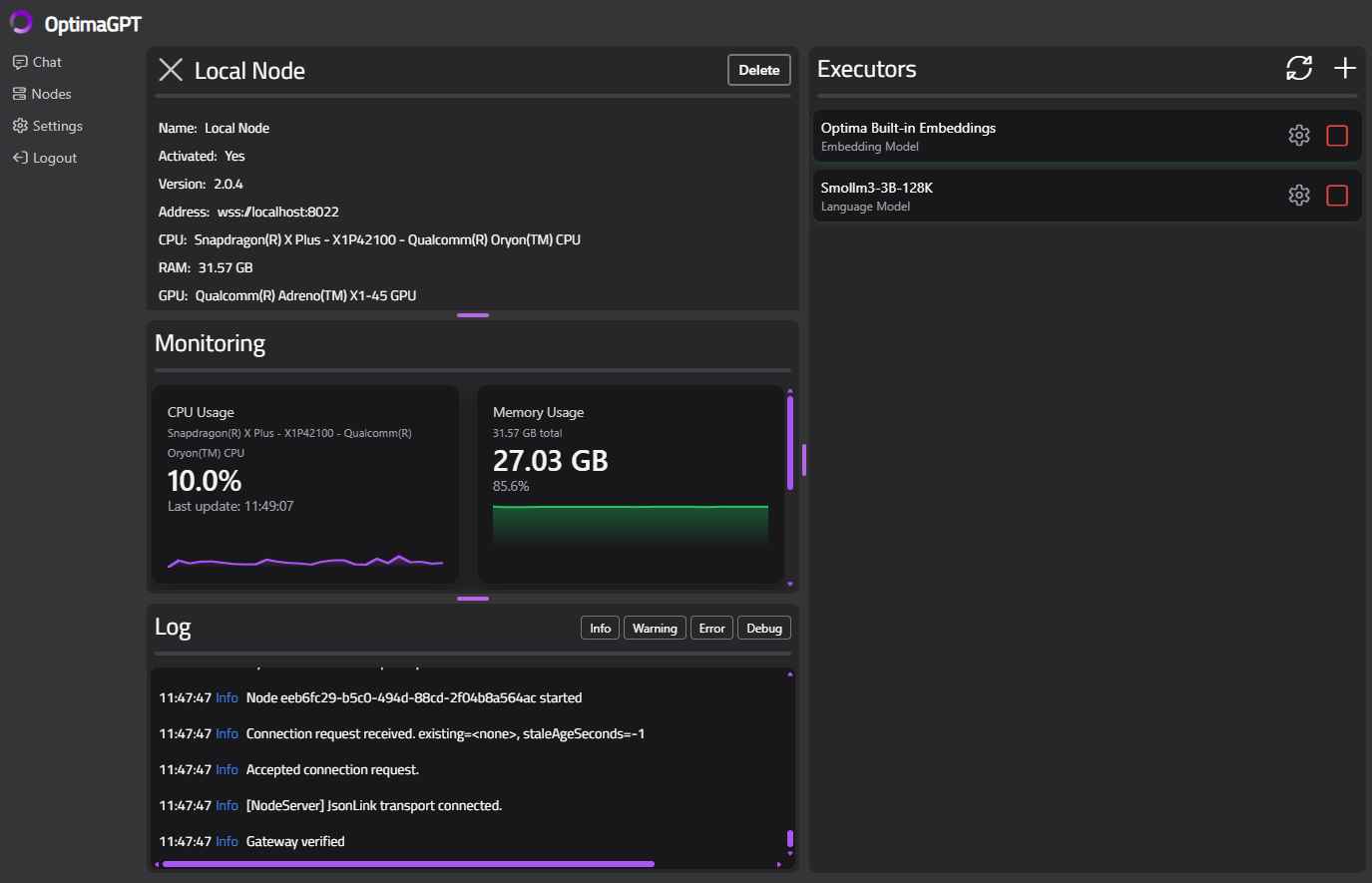 Node detail view with the Log panel visible, showing timestamped log entries with colour-coded levels