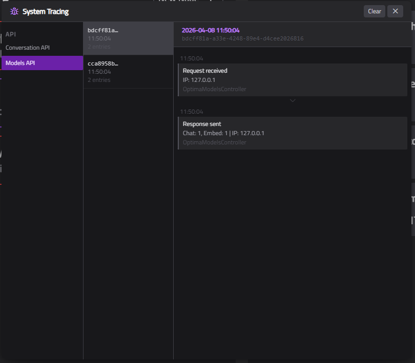 System tracing panel showing the channel list on the left, instance list in the middle, and trace detail on the right