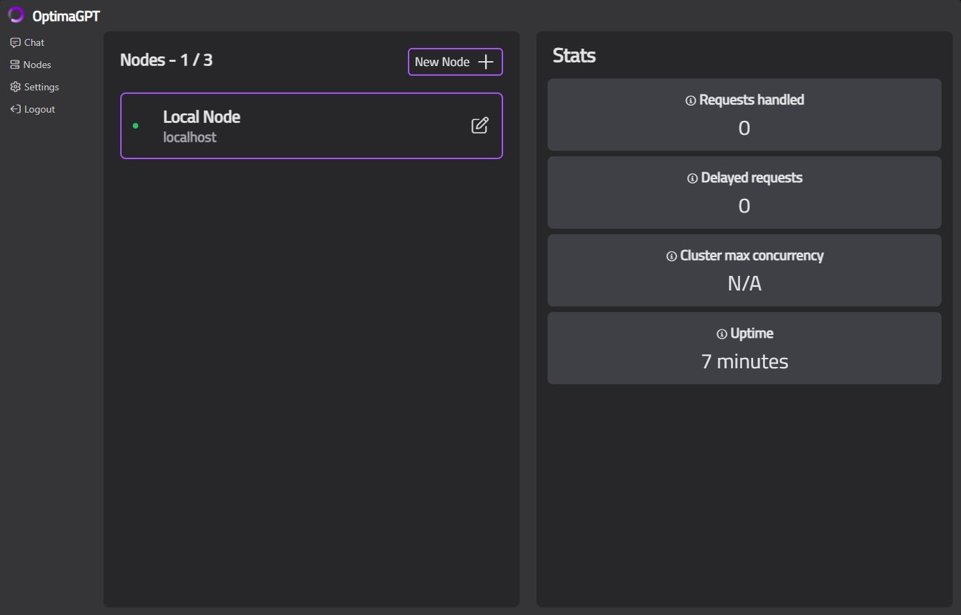Gateway main interface showing the sidebar navigation and the Nodes home page with connected nodes and stats panel