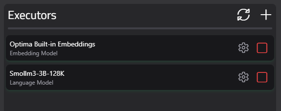 Executors panel in the node detail view showing a list of models with their type, status, and action buttons