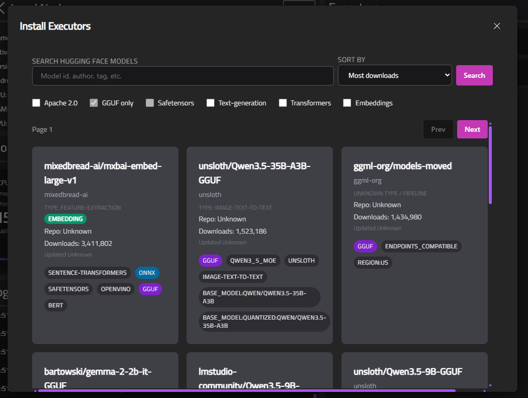 Install executor popup or panel showing available executors to download