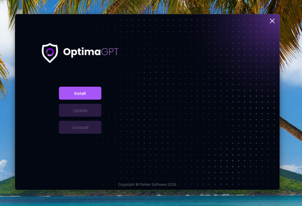 OptimaGPT installer launcher showing the OptimaGPT logo and three buttons: Install, Update, and Uninstall