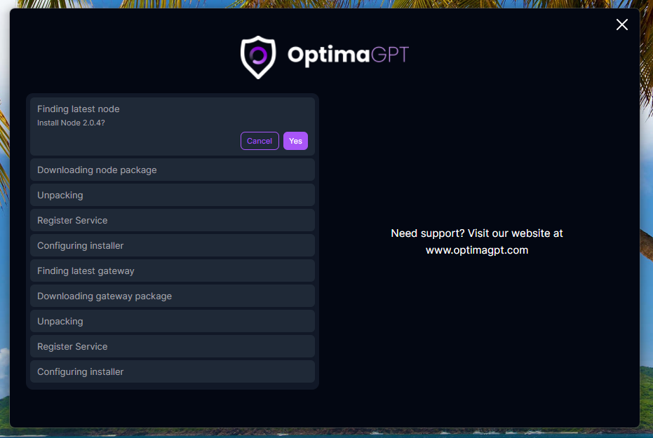 Installation progress screen showing a list of steps: Finding latest node, Install Node 2.0.4? (with Cancel and Yes buttons), Downloading node package, Unpacking, Register Service, Configuring installer, Finding latest gateway, Downloading gateway package, Unpacking, Register Service