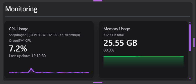 Node monitoring panel showing live CPU, RAM, GPU, and VRAM usage graphs