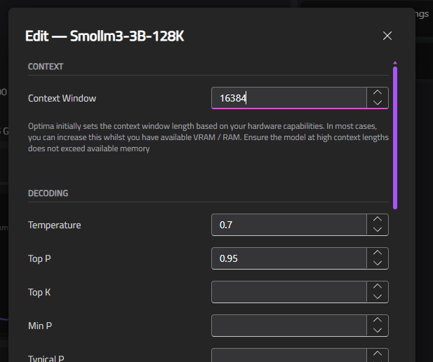 Executor parameter editor showing Context, Decoding, and Hardware sections